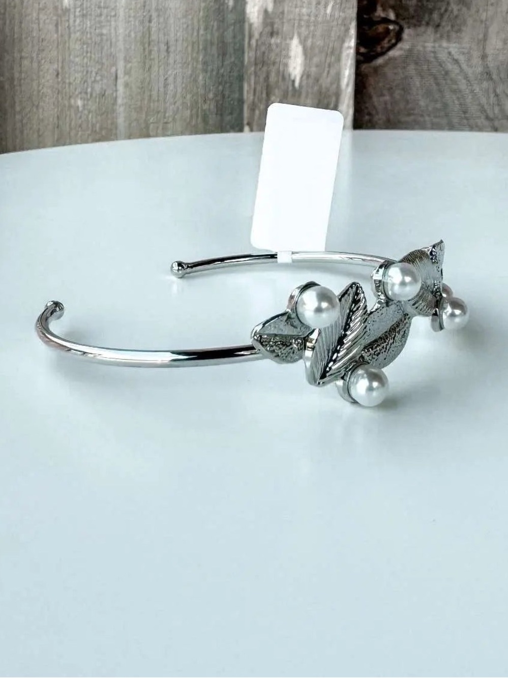 Rhodium Everyday Wear Leaf Shape Metal Cuff Bracelet With Pearl - Picture 1 of 4